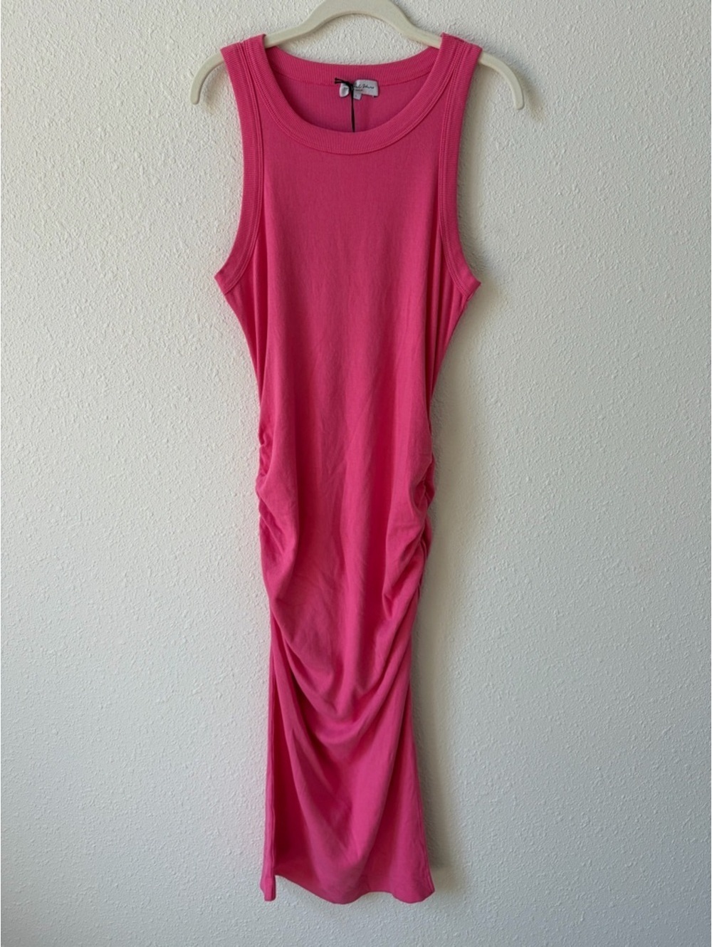 Michael Stars Wren Ruched Midi Dress Flamingo Size Large Ribbed Colorful Summer